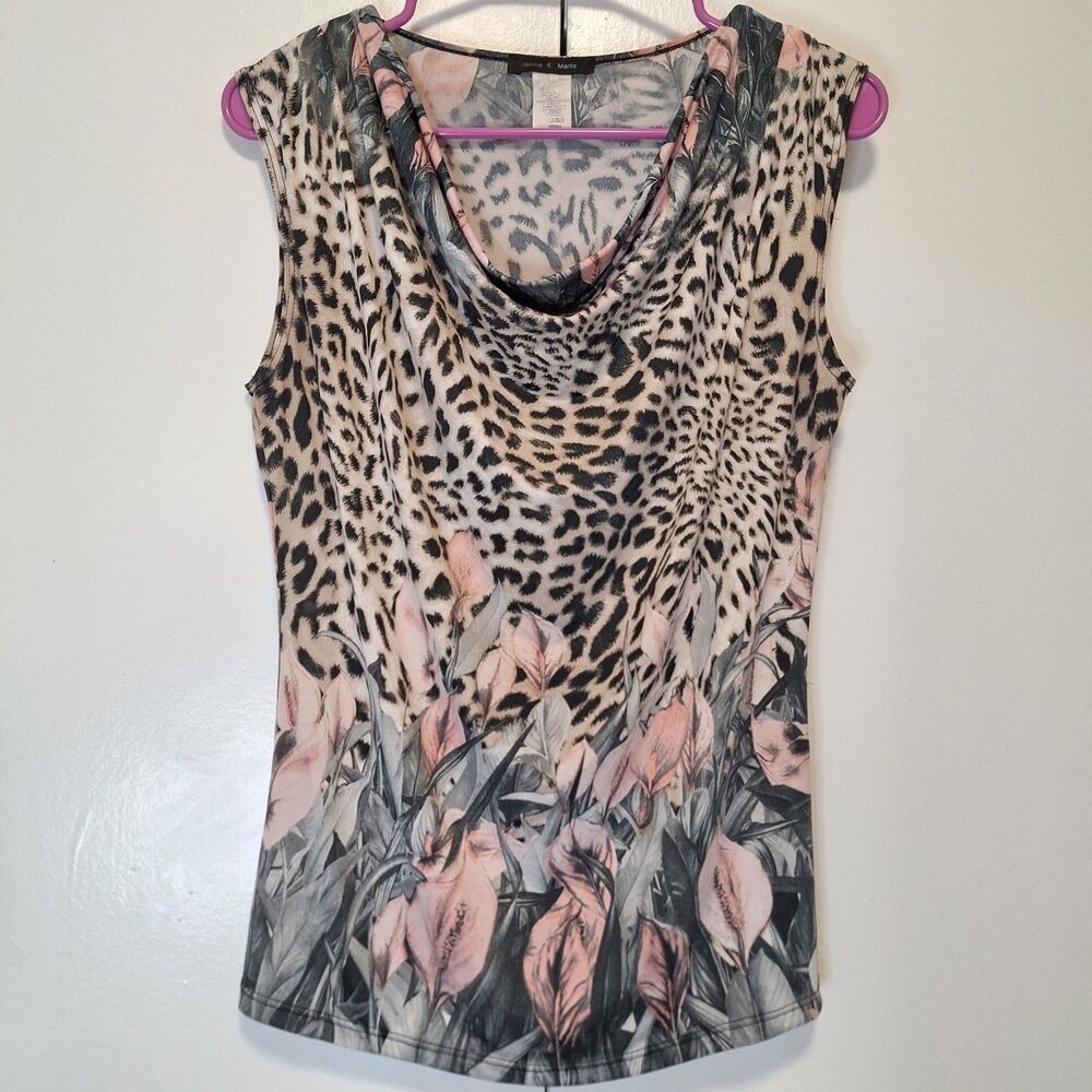 Jennie & Marlis Leopard Print Pink Leaf Cowl Neck Top Y2K Sz Small